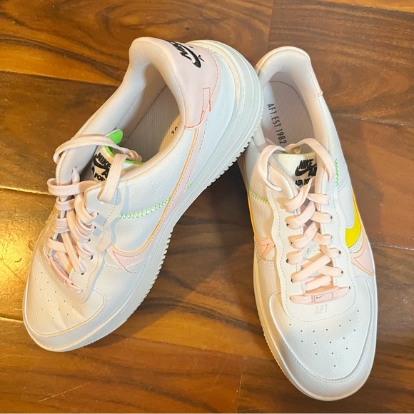 Nike Shoes - Nike air Air Force 1 women’s 11.5 tennis shoes. White , pink & yellow